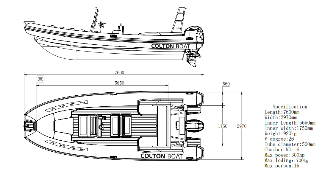 Sketch of aluminum RIB boat SP760